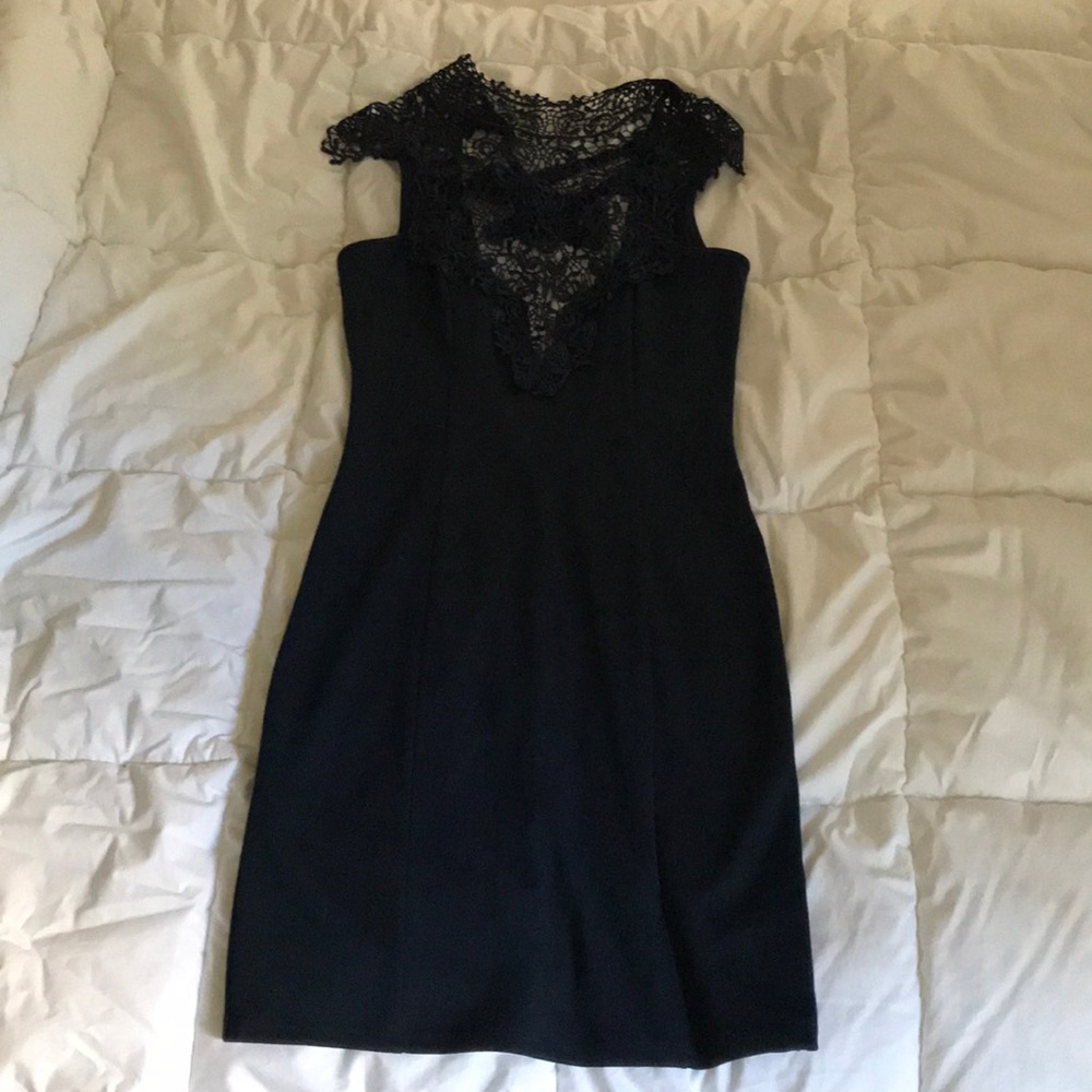 Navy, formal tie-back crochet-detail dress